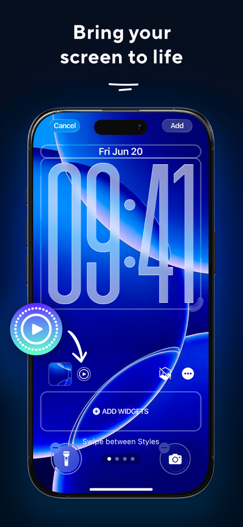 iPhone lock screen customization preview featuring a blue dynamic live wallpaper from the Live Screen 26 app