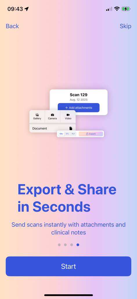 3D-Sidekick - Pantalla de la aplicación 3D-Sidekick para exportar y compartir escaneos 3D con notas clínicas y archivos adjuntos