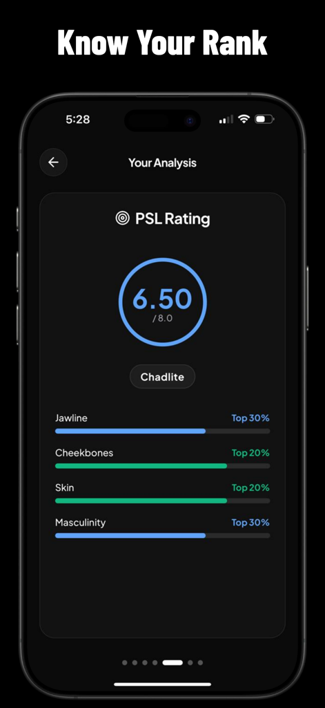 A screenshot of the Potential AI app showing facial analysis scores and a PSL rating