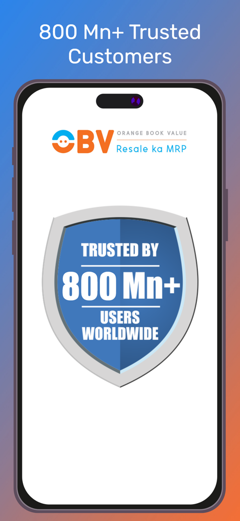 Orange Book Value mobile app interface showing over 800 million trusted users worldwide