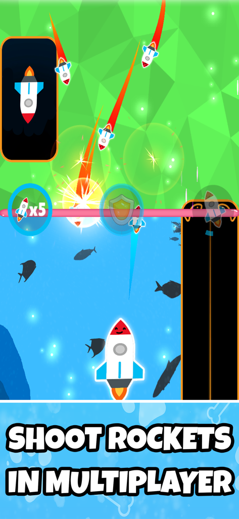 Piano Ninja: Music Game - Piano Ninja multiplayer mode gameplay showing colorful rockets on an underwater background