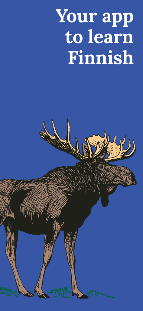 Illustration d'un élan sur fond bleu avec le texte Votre application pour apprendre le finnois