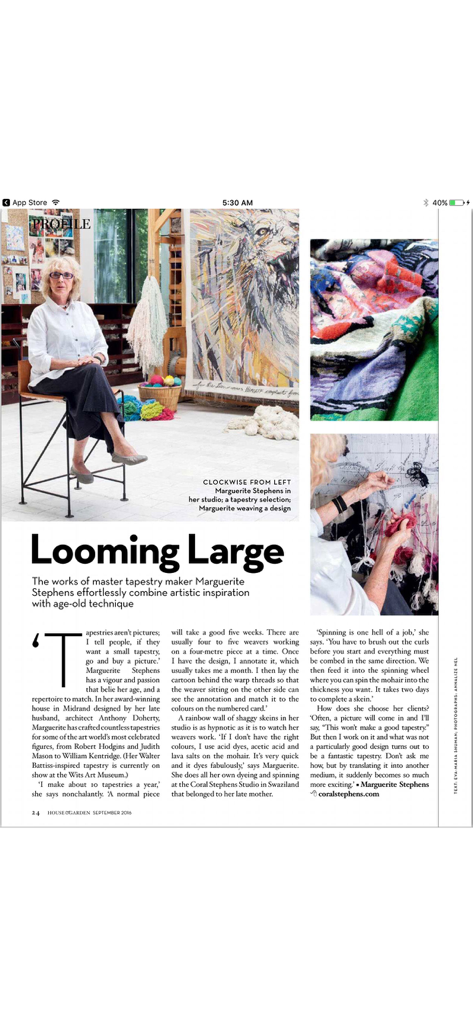 Condé Nast House & Garden - A magazine feature profile on tapestry maker Marguerite Stephens inside the House and Garden app.