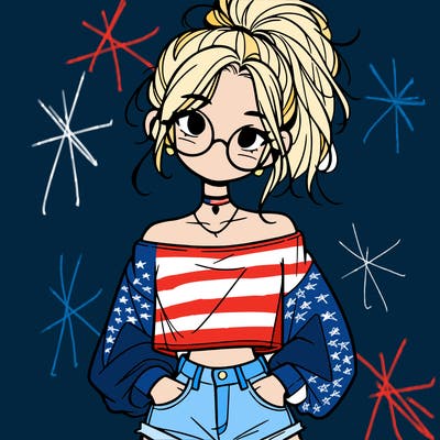 girl with a messy ponytail glasses a baggy crop top and jean shorts