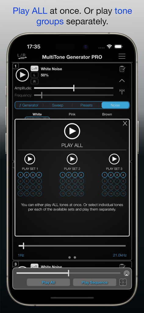 MultiTone Generator PRO - MultiTone Generator PRO interface for playing individual tone groups or all tones at once