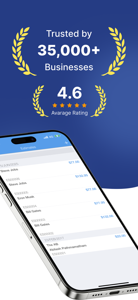 Estimate Maker, Contractor Pay - Mobile screen showing a 4.6 star rating and a list of business estimates on an iPhone