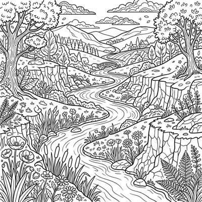 Immerse yourself in the serene beauty of a winding river valley with this intricate coloring page. Perfect for teens seeking a detailed nature scene to bring to life with their creativity.
