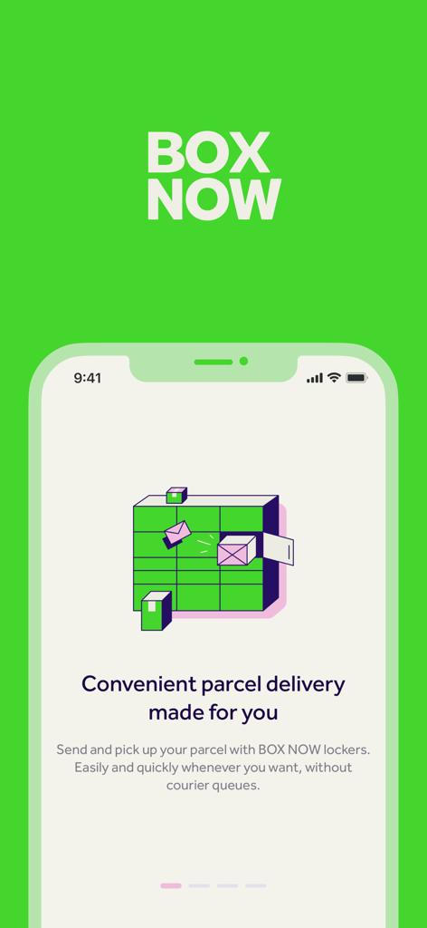 BOX NOW app onboarding screen showing a parcel locker illustration and information about convenient delivery