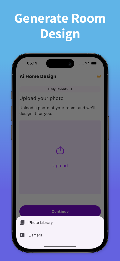 Smartphone screen showing the upload room photo feature in the Ai Home Design app