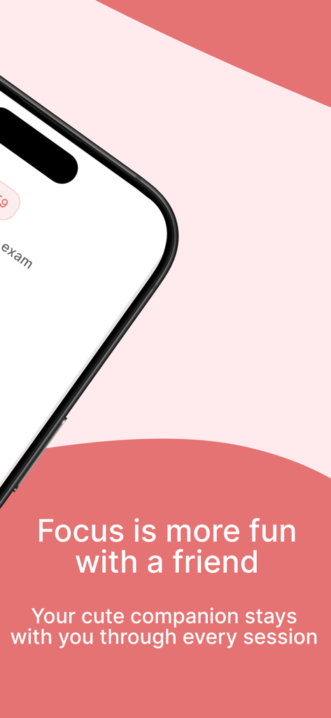 Pomolings - Pomodoro Timer - Pantalla promocional para Pomolings Pomodoro Timer con un mensaje de compañero de enfoque sobre un fondo rosa