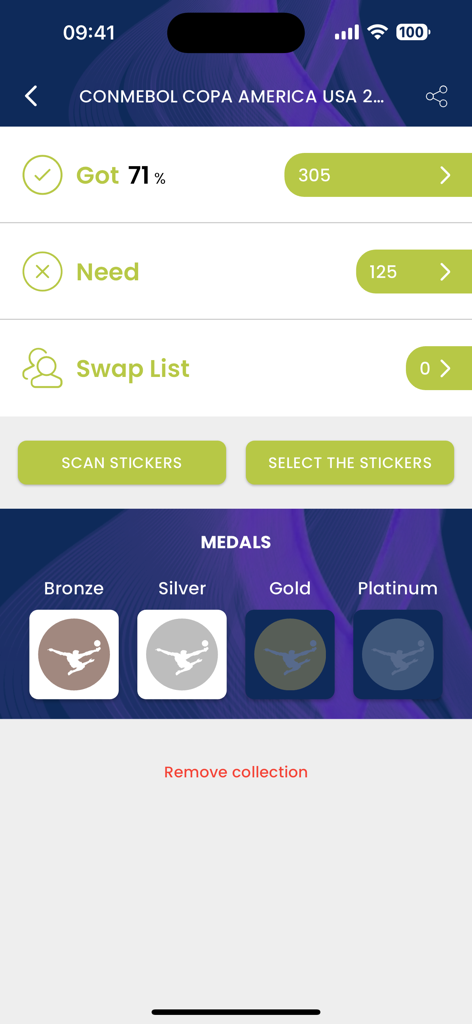 Panini Collectors - Dashboard of the Panini Collectors app showing sticker collection status for Copa America