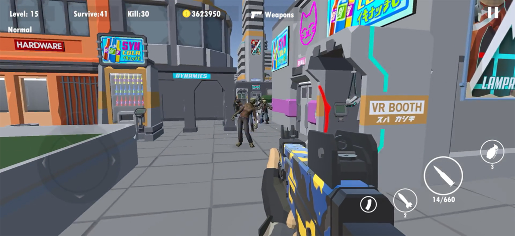 Survival: Offline Zombie War - First person shooter gameplay showing a player aiming a rifle at zombies in a stylized city.