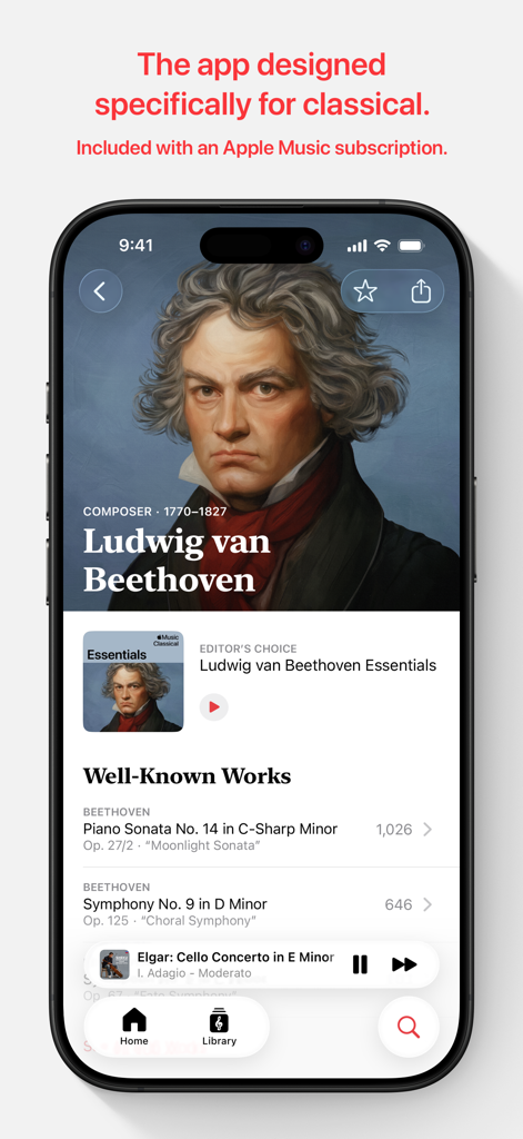 Apple Music Classical app on iPhone displaying Ludwig van Beethoven composer page and well known works