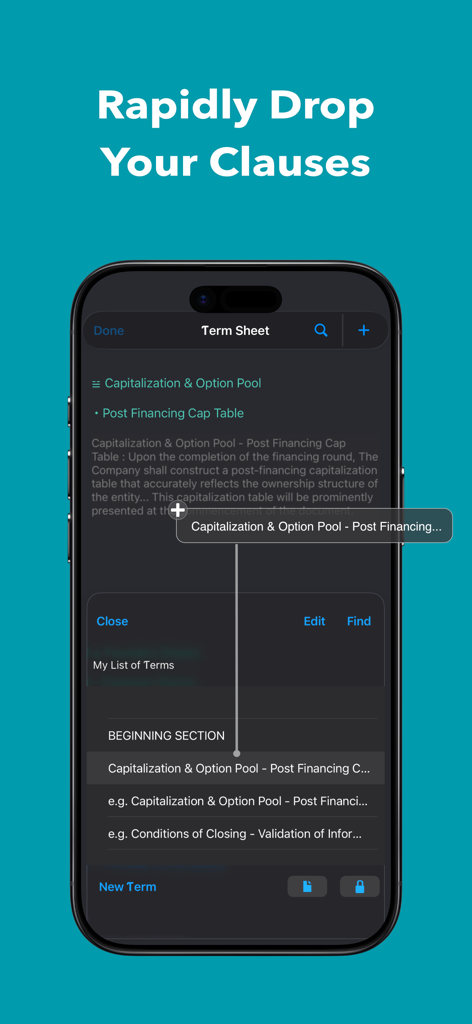 Simulfund * Startup Funding - スタートアップタームシートに法的条項を追加するためのドラッグアンドドロップ機能を備えたSimulfundアプリを表示するスマートフォンの画面