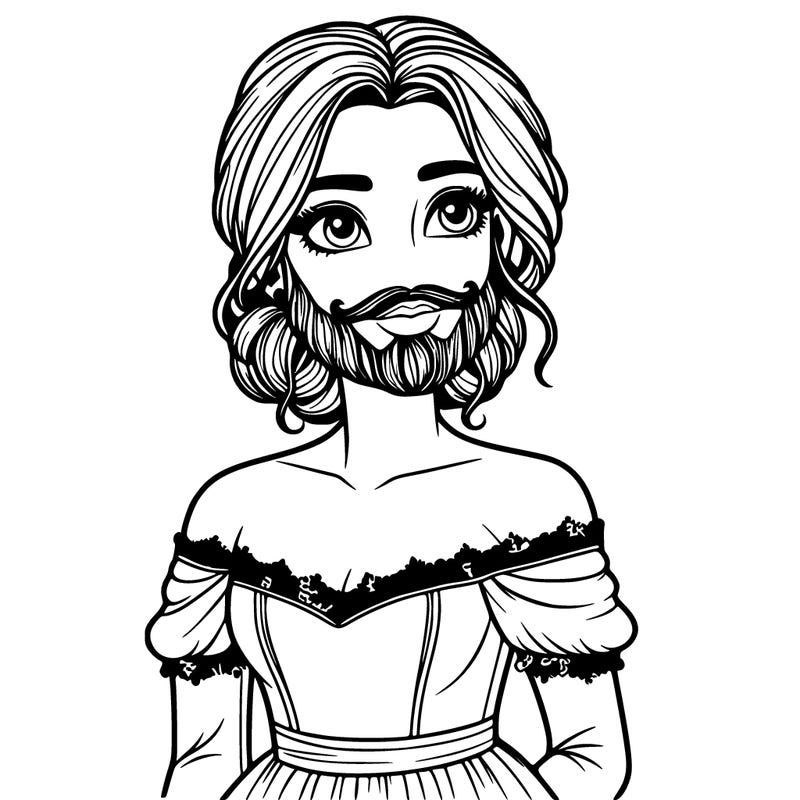a woman with a beard and a beautiful dress realistic