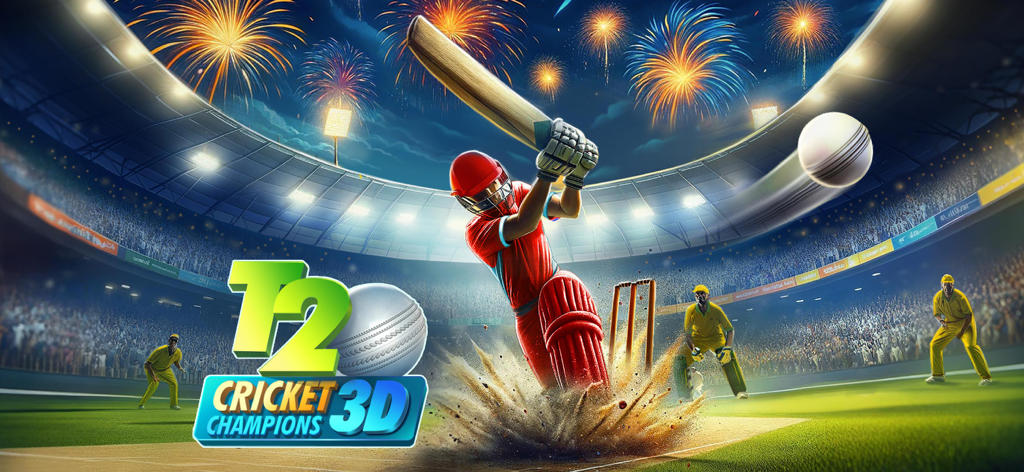 T20 Cricket Champions 3D - Un bateador de críquet con uniforme rojo realizando un golpe potente en un estadio con fuegos artificiales y el logo del juego T20 Cricket Champions 3D