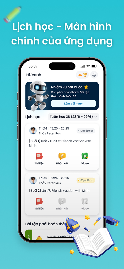 Edupia AI - Edupia AI mobile app main screen showing a weekly study schedule and interactive English learning tasks.