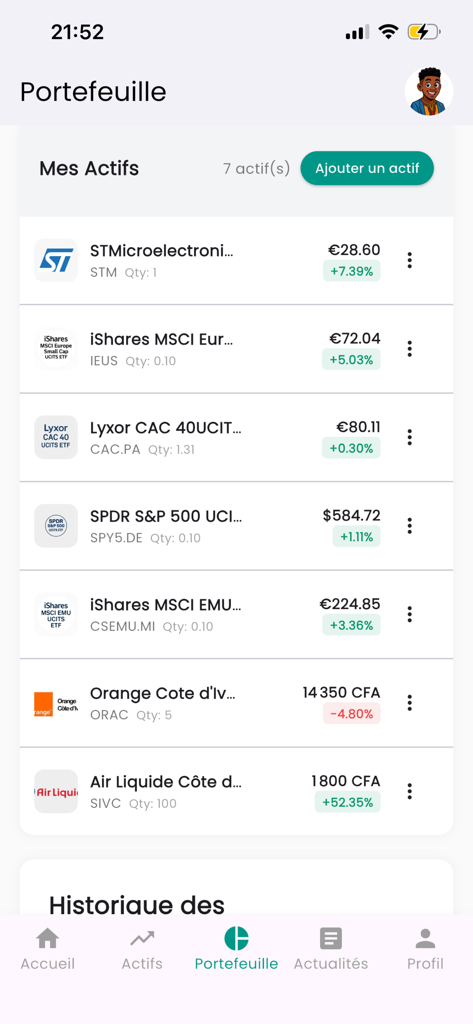 PlayInvest.HD - PlayInvest.HD app screenshot showing a simulated investment portfolio with international and African stocks