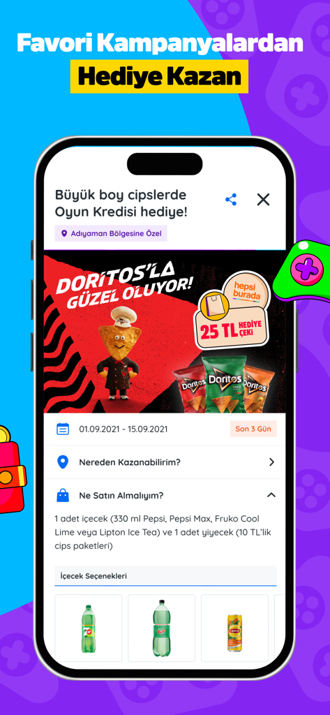 KazandiRio mobile app screen displaying a Doritos promotional offer for game credits and shopping vouchers