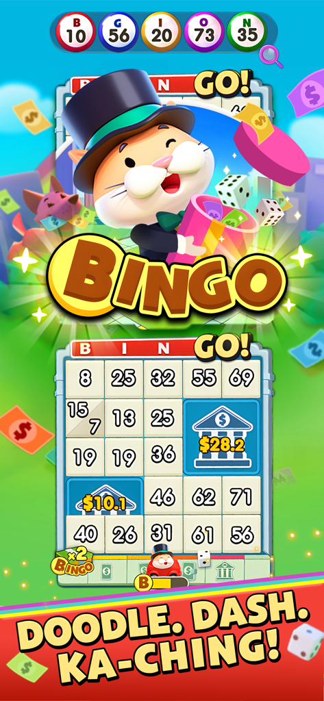 Live Party Bingo -Casino Bingo - Una vivace schermata di gioco di Live Party Bingo con una mascotte gatto stilizzata in smoking e cappello a cilindro accanto a una cartella del bingo e grafica festosa