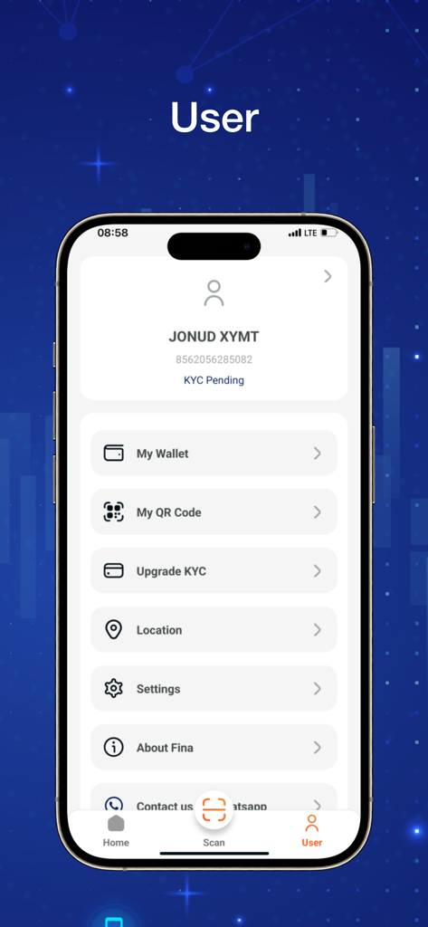 FINA App - The user profile screen of the FINA App displaying menu options like My Wallet, My QR Code, and KYC status.