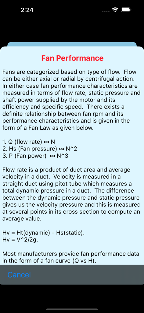 Fan Spec Performance - Technical documentation screen showing fan performance laws and engineering formulas.