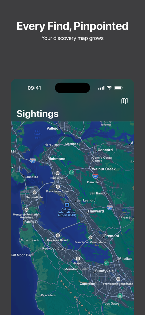 Rockr AI: Rock Identifier - Interaktive Karte in Rockr AI zeigt Standorte von entdeckten Gesteinen und Mineralien