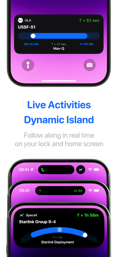 T-Minus – Space Launch Tracker - Seguimiento de lanzamientos espaciales en las Actividades en Vivo y la Isla Dinámica del iPhone
