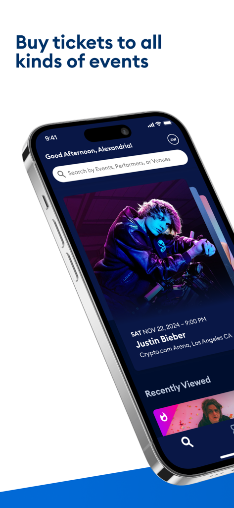 AXS Tickets App-Oberfläche, die den Startbildschirm zur Ereigniserkennung mit einer Suchleiste und einer vorgestellten Konzertliste zeigt.