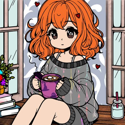 cute anime girl reading book and drinking hot chocolate from mug with loose wavy hair wearing a baggy sweatshirt and shorts sitting by windowsill looking out