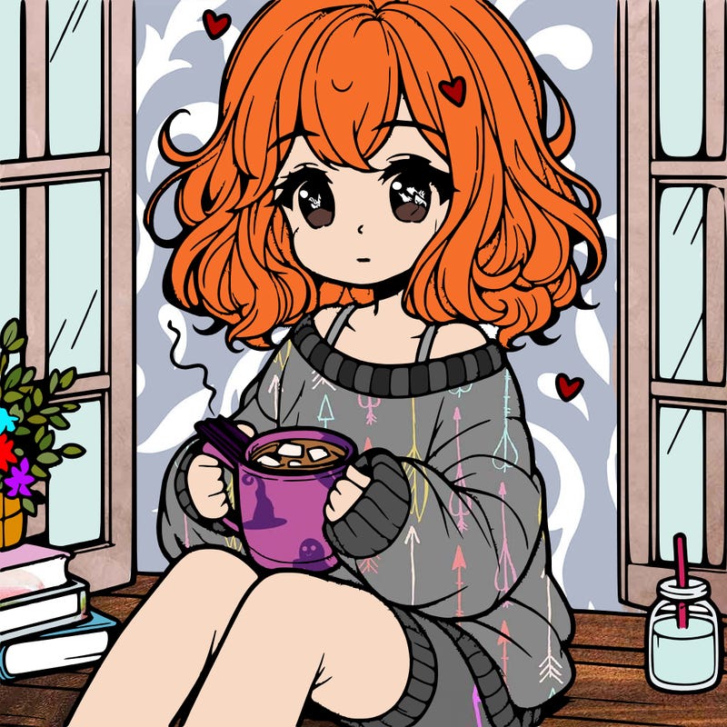cute anime girl reading book and drinking hot chocolate from mug with loose wavy hair wearing a baggy sweatshirt and shorts sitting by windowsill looking out