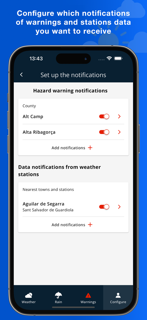 Écran de configuration des notifications d'alertes de dangers et de stations météorologiques dans l'application Meteocat