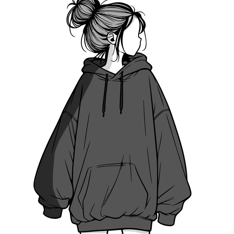 realistic girl with a oversized sweatshirt on and a bun