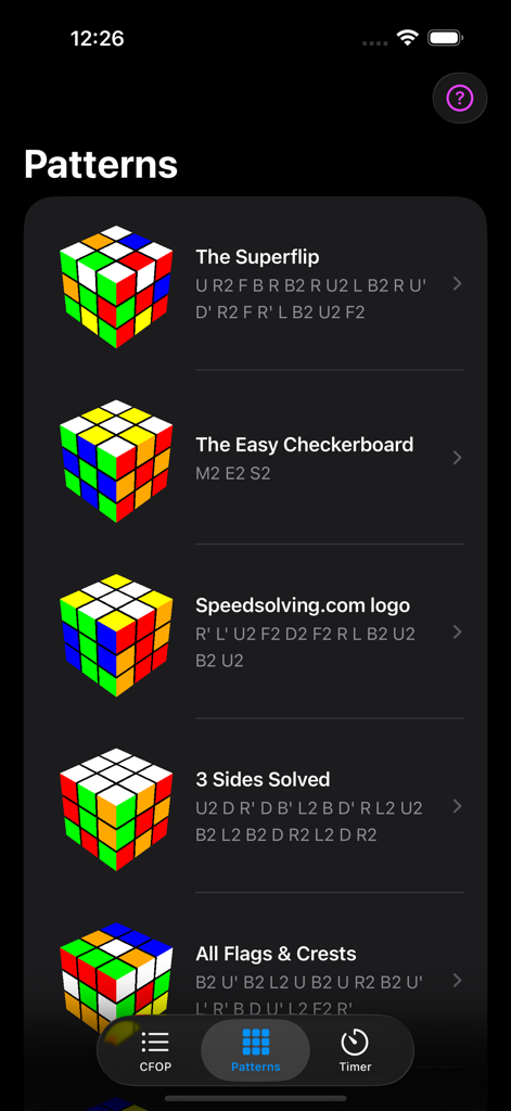 CFOP Learning - A list of various Rubik's Cube patterns and their corresponding algorithm notations in the CFOP Learning app.