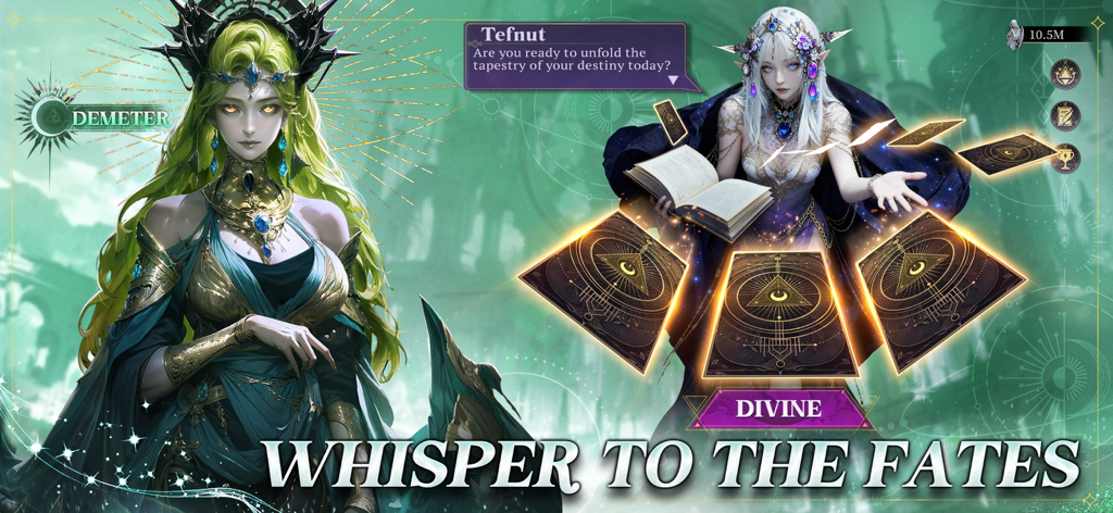 Zwei Göttinnen Demeter und Tefnut mit leuchtenden Schicksalskarten im Handyspiel Motto Immortal