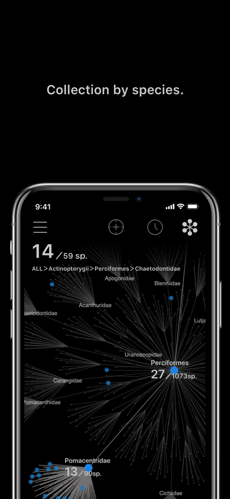 LINNÉ LENS - AI Encyclopedia - LINNE LENSアプリ内の種コレクションツリーの視覚的表現