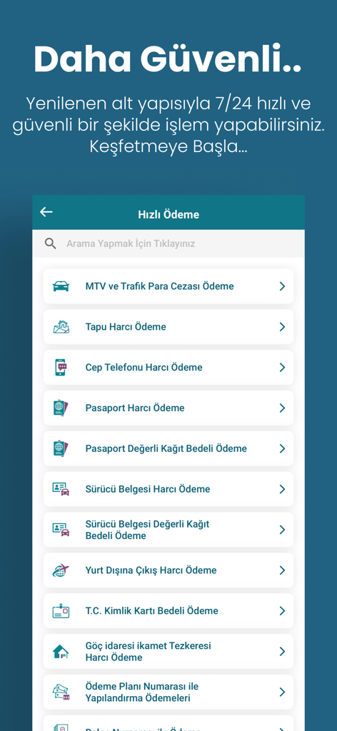 GİB mobile app interface showing the quick payment menu for various Turkish taxes and fees