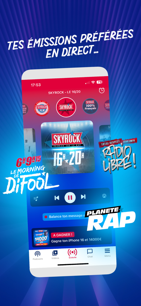 Pantalla móvil de la app Skyrock Radios mostrando programas de música urbana en vivo