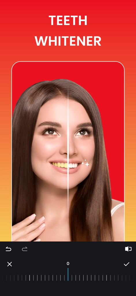 Before and after comparison of the teeth whitening feature in the Body Tune app
