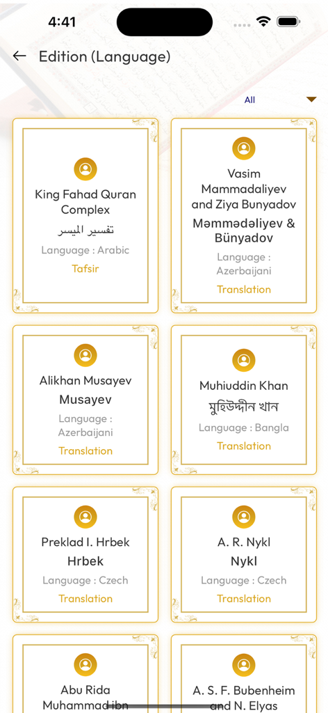 The Quran GPT - A menu in the Quran GPT app displaying different Quranic translations and tafsir editions in various languages like Arabic Azerbaijani Bangla and Czech
