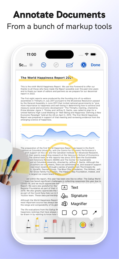 DocSignアプリのインターフェースで、マークアップツールと署名オプションを使用して書類に注釈を付ける様子が表示されている