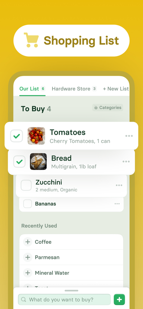 Flatastic: Households Manager - Interface of the Flatastic app showing a shared household shopping list with tomatoes, bread and zucchini.