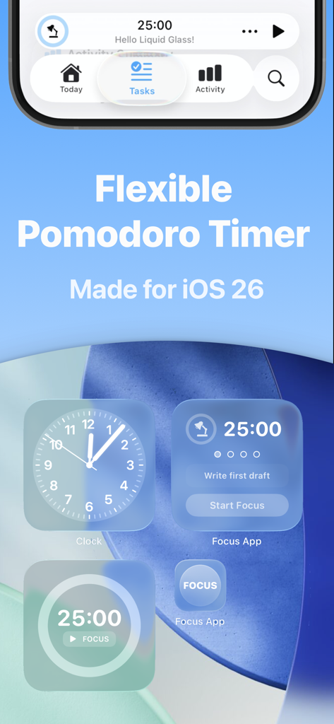 Focus - Timer for Productivity - Focus app Pomodoro timer and productivity widgets on an iOS home screen.