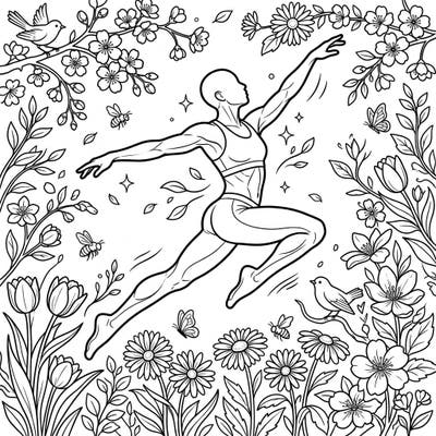 Celebrate the energy of spring with this captivating coloring page featuring a dynamic human figure in mid-motion. Immerse yourself in a beautiful garden filled with delicate blossoms, cheerful insects, and graceful birds, designed especially for teens.