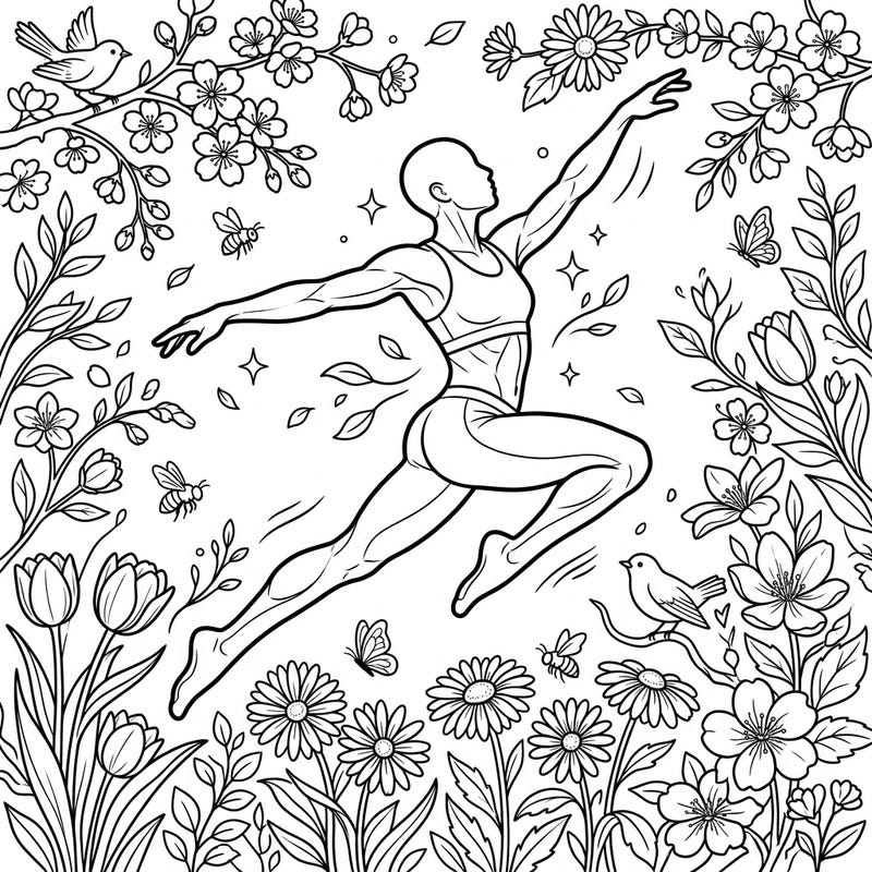 Celebrate the energy of spring with this captivating coloring page featuring a dynamic human figure in mid-motion. Immerse yourself in a beautiful garden filled with delicate blossoms, cheerful insects, and graceful birds, designed especially for teens.