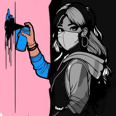 realistic girl with mask spray painting a wall