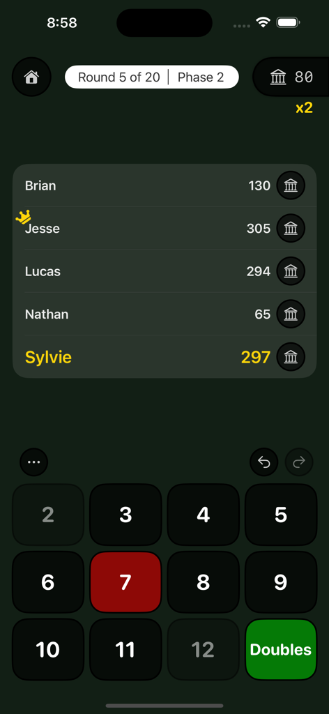 Bank - A Dice Game - A mobile game screen showing a leaderboard with five players and a numeric keypad for dice roll inputs.