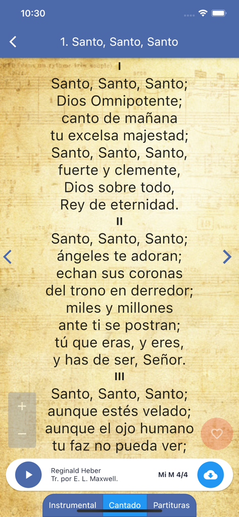 Himnario de la fe Adventista - Screenshot of the Himnario de la fe Adventista app showing lyrics for the hymn Santo Santo Santo in Spanish with audio and music sheet options.