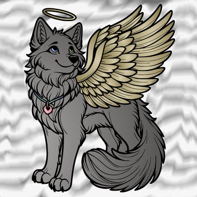 realistic wolf with wings and a halo