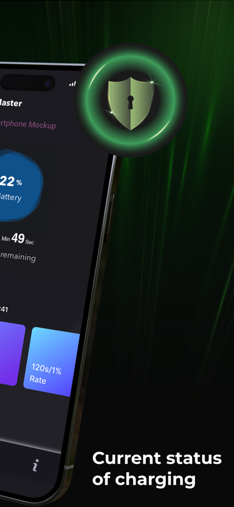 Battery Life Status, Saver - Dashboard of the Battery Life Status app showing current charging status including time remaining and charge rate